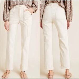 Anthropologie 27 Ivory Cream Shadow Stripe Utility Carpenter Pants Khakis Patch